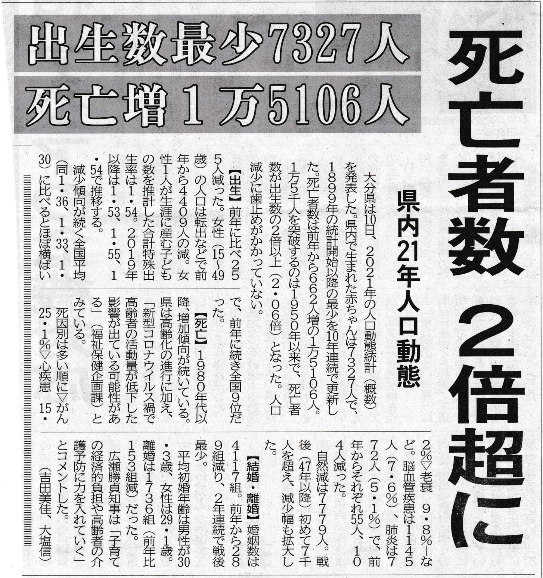 大分県の死亡者数が掲載された新聞記事