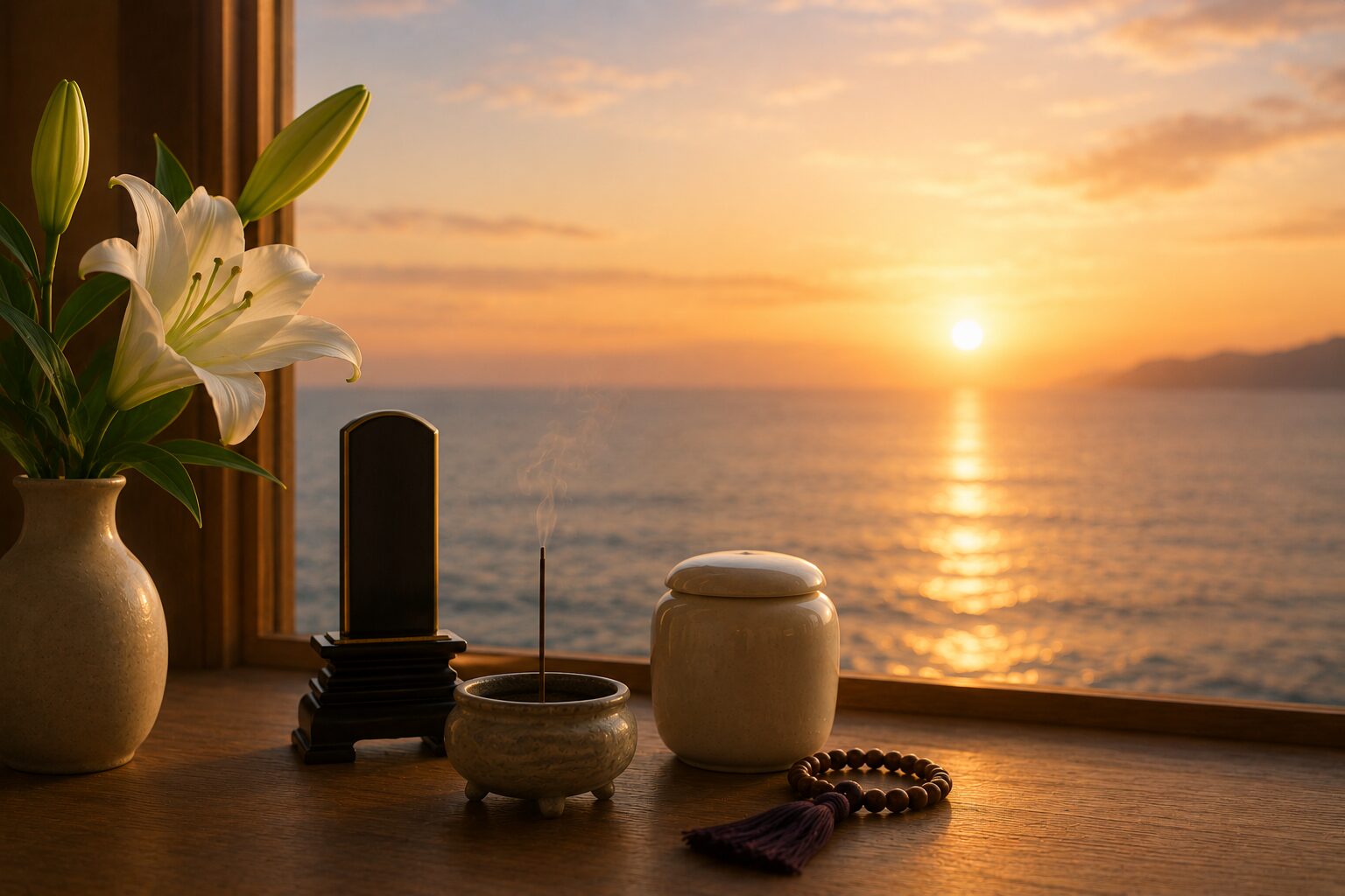窓越しに夕日の映える海が見える。窓辺には遺骨、位牌、線香、百合の花が置かれた画像。